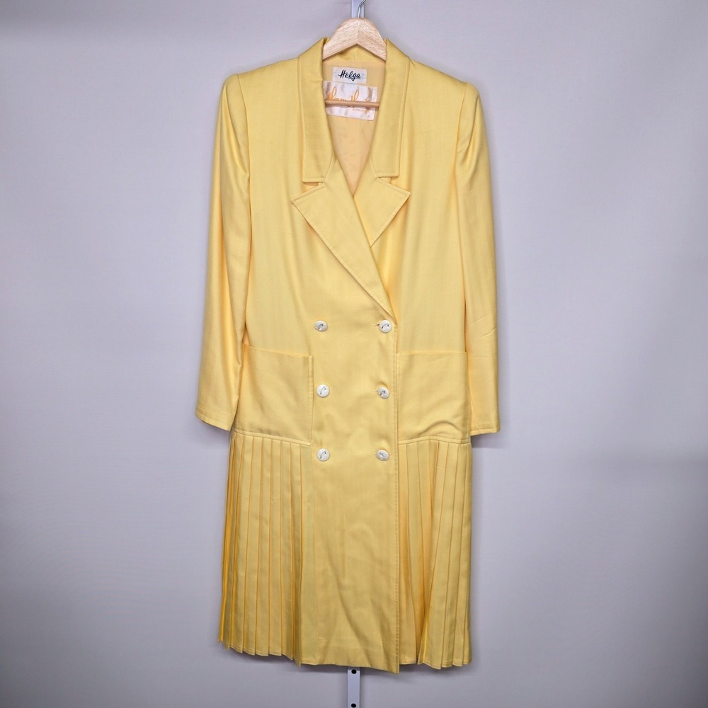 80's Vintage Helga Henry Harris Yellow Double Breasted Pleated Midi Dress Blazer
